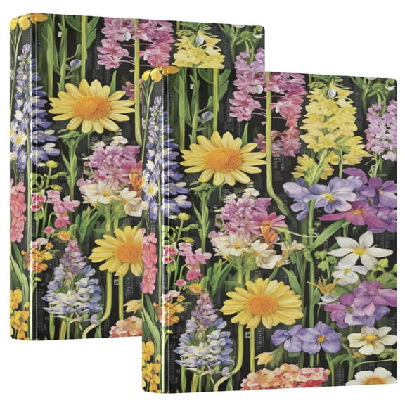 Spring Garden on Black 12.4x10.6in PVC Round Ring Binder, D-Ring 3-Hole, Metal Clip, 200 Sheets