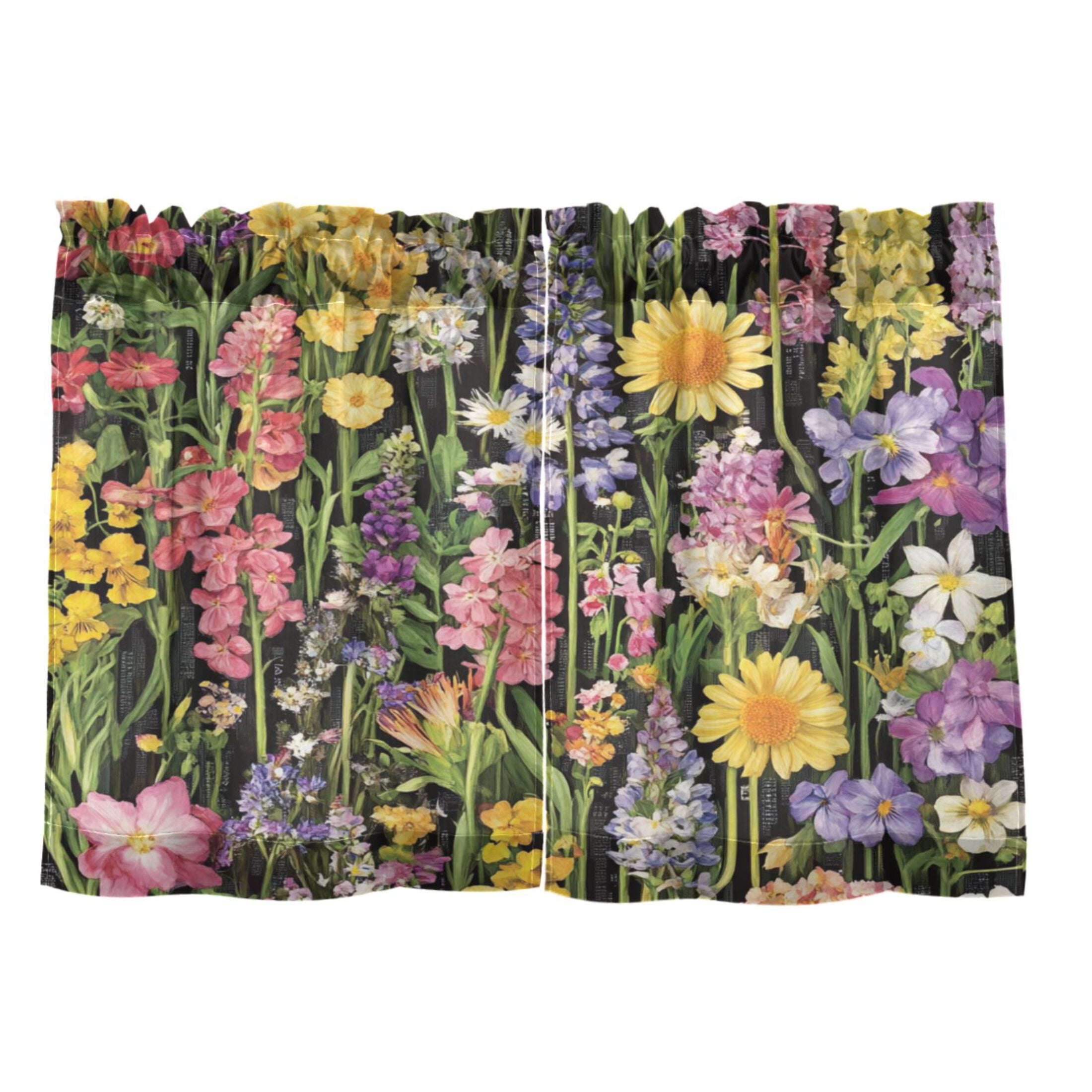 Spring Garden on Black 27"x36" Linen Look Cafe Curtain Set with Privacy and UV Protection