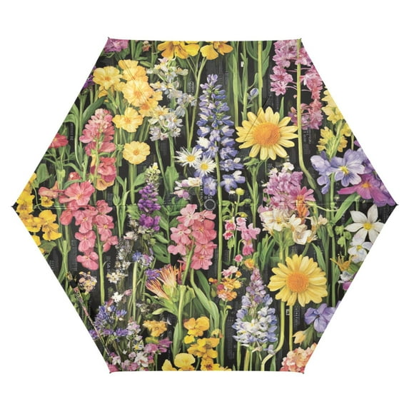 Spring Garden on Black Folding Umbrella UV50+ Waterproof Sun Protection Auto Open Close Compact Fiberglass Frame