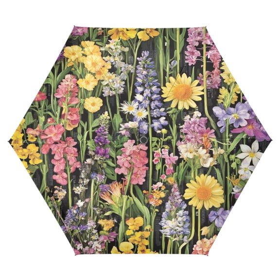 Spring Garden on Black Folding Umbrella UV50+ Waterproof Sun Protection Auto Open Close Compact Fiberglass Frame