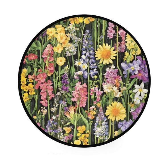 Spring Garden on Black Memory Foam Bath Mat 36" Absorbent Rug with Non Slip Base and 4 Bonus Pads