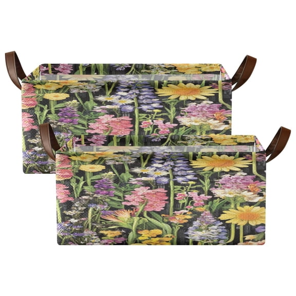 Spring Garden on Black Shelf Baskets Set of 2 Foldable Metal Frame Open Storage Bins 16.9x11.4x7.7in Large Capacity