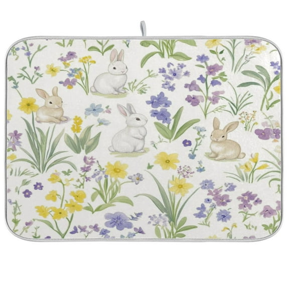 Spring Garden with Bunnies Dish Drying Mat Kitchen Mats Microfiber Counter Absorbent Dish Pad Drainer Rack