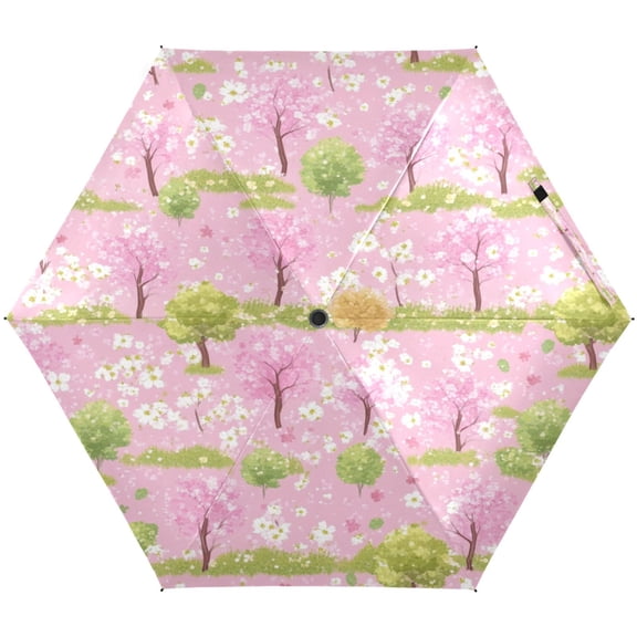 Spring Garden with Pink Trees Umbrellas for Sun Auto Open Close UV50+ Waterproof 5-Fold Compact Fiberglass Frame