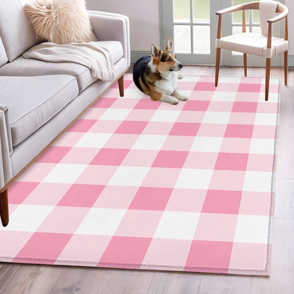 Spring Geometric Area Rugs 4x6 ft Pink Plaid Washable Rug Non Slip Indoor Carpet Absorbent Floor Mat for Living Room Bedroom Dining Room