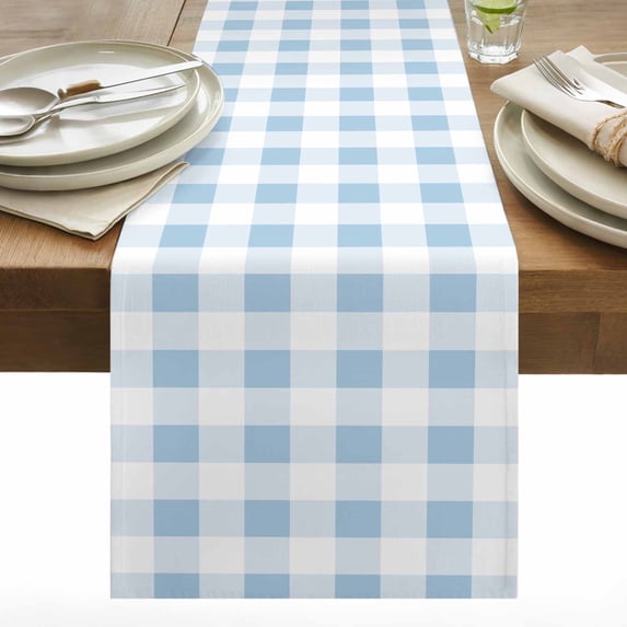 Spring Geometric Table Runner 13x72 inch Blue Plaid Cotton Linen Dining Table Runner Ideal for Dresser Kitchen Coffee Tables - Machine Washable
