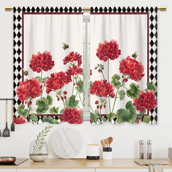 Spring Geranium Flower Kitchen Curtains Red Floral Bathroom Curtains Window Treatment Drapes Tier Buffalo Plaid Bee Summer Cafe Small Bedroom Short French Door Curtains 2 Panels 27.5x39 Inch