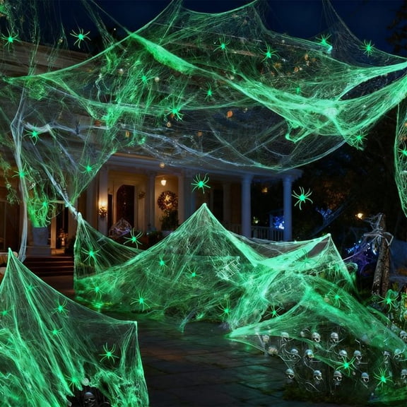 Spring Glow in the Dark Webs with 50 Fake Spiders - Perfect Halloween Decor!