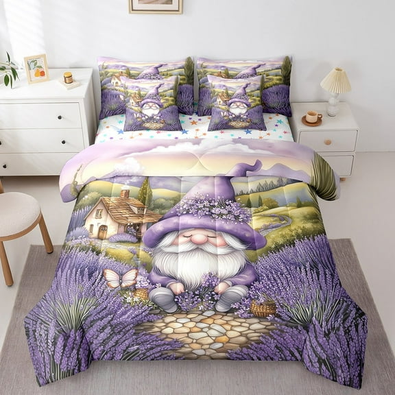 Spring Gnome 7 Pieces Bedding Set Queen,Natural Purple Lavender Flowers Easter Bed in a Bag for Teens,Rustic Cabin Stone Land Watercolor Floral Comforter Set with Sheets,Pillow Covers