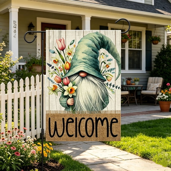 Spring Gnome Garden Flag, 12x18 Inch Double Sided Linen Like Welcome Flag With Sunflower Floral Patterns, Waterproof Fade Resistant Flag for Outdoor Yard, Patio, Porch and Home Decor