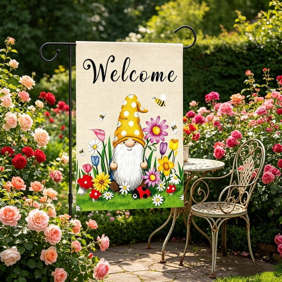 Spring Gnome Garden Flag, 12x18 Inch Double Sided Linen Like Welcome Flag With Sunflower Floral Patterns, Waterproof Fade Resistant Flag for Outdoor Yard, Patio, Porch and Home Decor