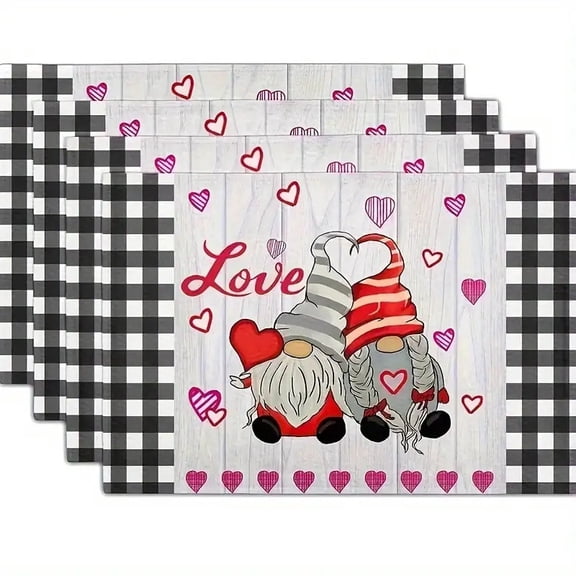 Spring Gnome Placemats Mothers Day Placemat Set of 4 Black White Buffalo Check Plaid Washable Place mats 12 x 18 Inches Valentines Wedding Holiday Dining Table Mats Indoor for Kitchen Table