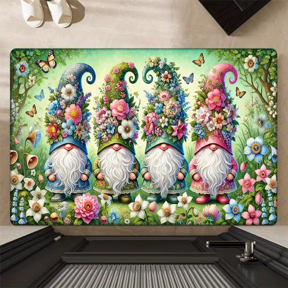 Spring Gnome Print Mat, Easter Flannel Mat 0.47inch Thick Absorbent Non-Slip, Soft Lightweight for Entryway Living Room Bedroom Bathroom Kitchen Laundry Room, Machine Washable