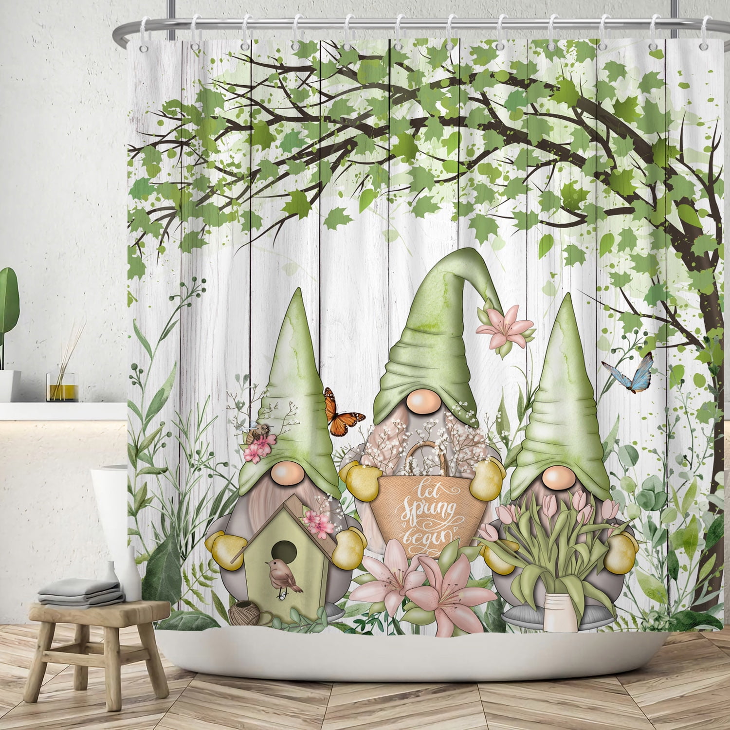 Spring Gnome Shower Curtain,Waterproof Fabric Bathroom Curtain with