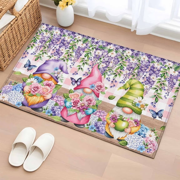 Spring Gnomes 2'x3' Rug for Entryway Front Door Kitchen Sink Area, Watercolor Purple Blue White Floral Leaf Pink Plaid Wood Grain Low Pile Non Slip Rectangle Area Rug, Machine Washable Indoor Mat