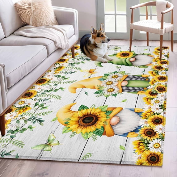 Spring Gnomes Area Rugs 2.7'x5', Washable Small Throw Rugs for Kitchen Bedroom, Botanical Yellow Flowers Leaves Wooden Plank Indoor Outdoor Rug Non-Slip Low Pile Carpet Runner Reversible Floor Mats