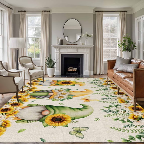 Spring Gnomes Area Rugs 5'x7', Washable Small Throw Rugs for Laundry Room Playroom, Retro Botanical Flowers Leaves Butterfly Indoor Outdoor Rug Non-Slip Low Pile Carpet Runner Reversible Floor Mats