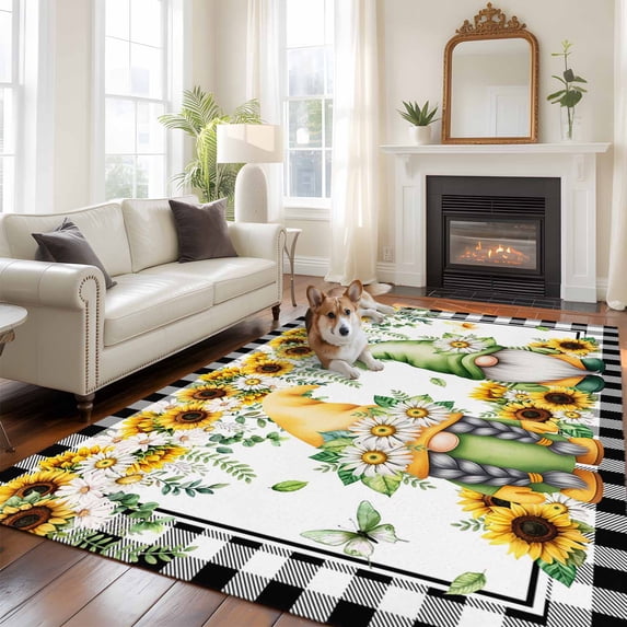 Spring Gnomes Area Rugs 5x7 ft Watercolor White Yellow Floral Leaf Linen Texture Black Plaid Washable Rug Non Slip Indoor Carpet Absorbent Floor Mat for Living Room Bedroom Dining Room