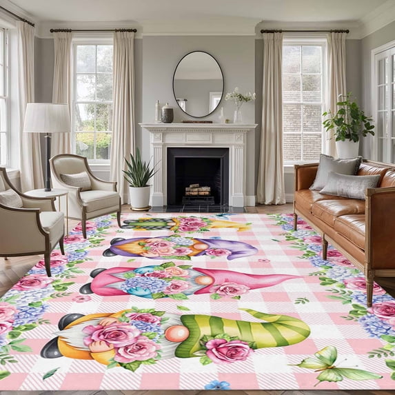 Spring Gnomes Area Rugs 6'x9', Washable Small Throw Rugs for Kitchen Dining room, Botanical Flowers Leaf Pink Buffalo Check Indoor Outdoor Rug Non-Slip Low Pile Carpet Runner Reversible Floor Mats