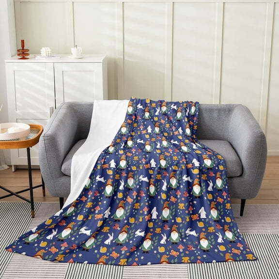 Spring Gnomes Blanket Throw 50x60 Inch Dark Blue Mushroom Throw Blanket Rabbit Butterfly Snail Ladybug Fleece Blanket For Kids Boys Girls Cartoon Cute Wild Animals Floral Leaves Bed Blanket