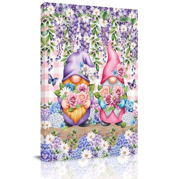 Spring Gnomes Canvas Wall Art for Living Room, Watercolor Purple Blue White Floral Leaf Pink Plaid Wood Grain Poster Print Painting for Bedroom Office Home Decor Wall Pictures Prepare To Hang 12"x18"