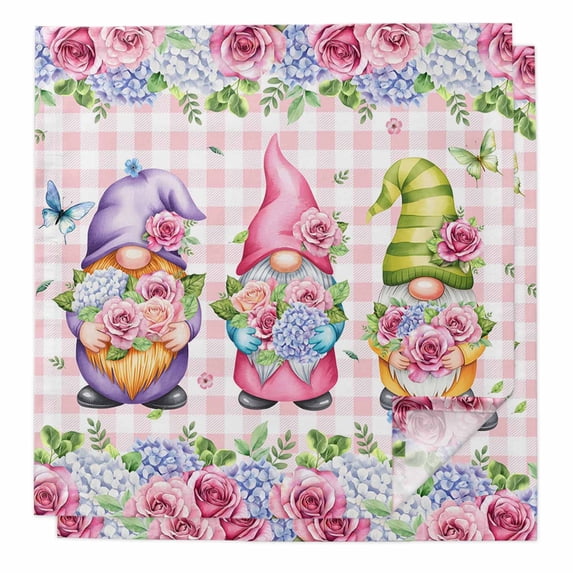 Spring Gnomes Cloth Napkins, Botanical Flowers Leaf Pink Buffalo Check Washable and Reusable Dinner Napkins Set of 2, Table Napkin for Kitchen Party Birthday Wedding Hotel Housewarming 20"x20"