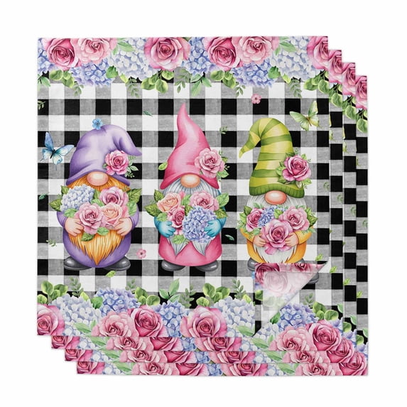 Spring Gnomes Cloth Napkins, Botanical Rose Leaves Black Buffalo Plaid Washable and Reusable Dinner Napkins Set of 4, Table Napkin for Kitchen Party Birthday Wedding Hotel Housewarming 20"x20"