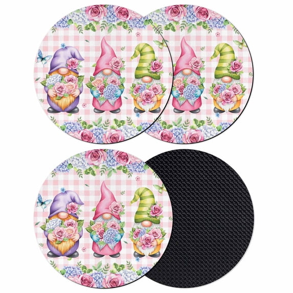 Spring Gnomes Coasters Set of 4, Absorbent Coasters for Drinks, Botanical Flowers Leaf Pink Buffalo Check Coaster for Desk Coffee Table Protection, Home Decor House Warming Gifts 4"