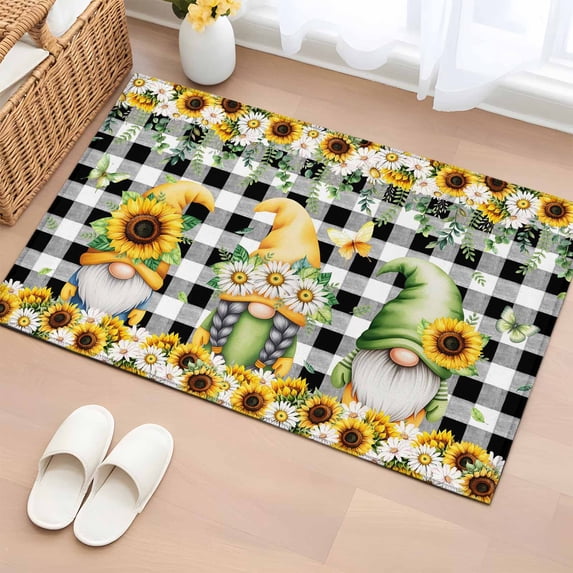 Spring Gnomes Entryway Rug 2'x3' Non Slip Front Door Mats, Botanical Budding Sunflowers Buffalo Plaid Entrance Rugs Indoor Outdoor Carpet, Washable Floor Mats Small Area Rug for Bedroom Kitchen