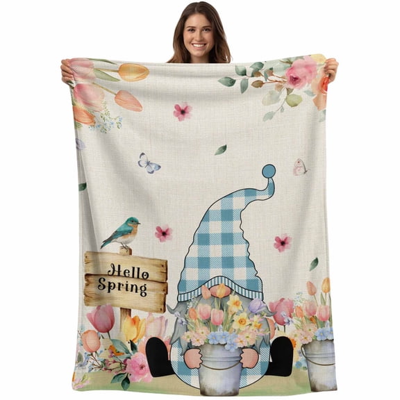 Spring Gnomes Floral Blanket Soft Cozy Warm Throw Blanket for Couch, Plush Fuzzy Flannel Fleece Blankets for Sofa, Pink Tulip Botanical Beige Burlap Bed Blankets Lightweight Gifts for Women, 40"x50"