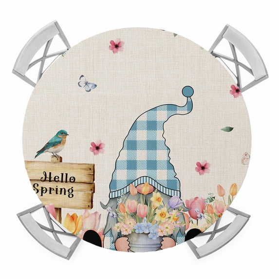 Spring Gnomes Floral Round Tablecloth for 55-60 Inch Tables,Fitted Table Cover with Elastic Edge,Pink Tulip Botanical Beige Burlap Waterproof Outdoor Table Cloth Protector for Patio Garden Dinner