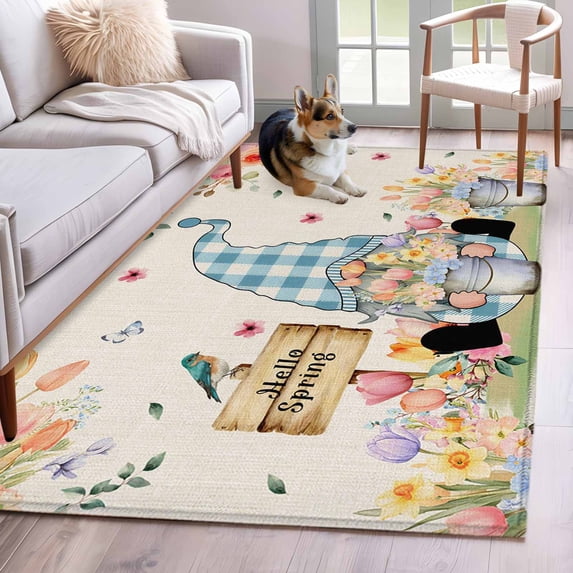 Spring Gnomes Floral Runner Rug 2.7x5 FT, Non Slip Entryway Carpet, Pink Tulip Botanical Beige Burlap Washable Soft Floor Carpet Entrance Mat Non-Shedding Throw Rug for Hallway Laundry Room Bedside