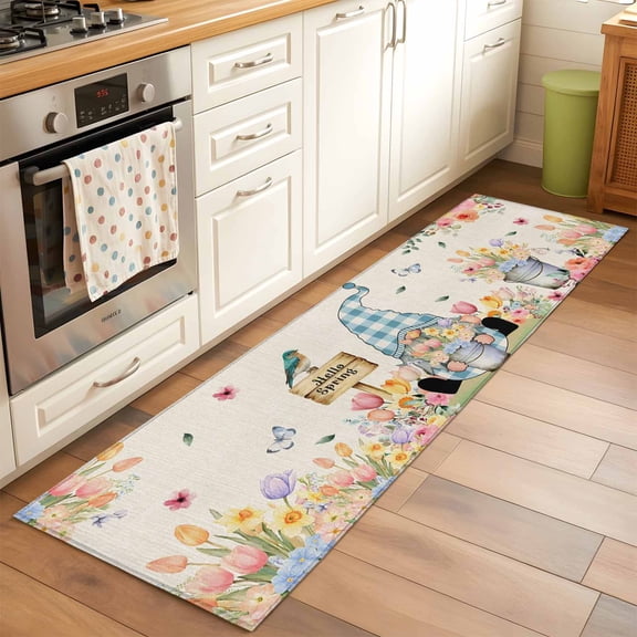 Spring Gnomes Floral Runner Rug 2x6 FT, Non Slip Hallway Carpet, Pink Tulip Botanical Beige Burlap Washable Floor Carpet Throw Runner Carpet Long Rug for Entryway Kitchen Bedside Sliding Door