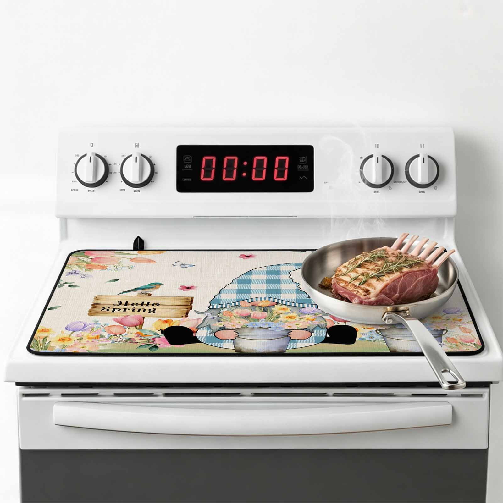 Spring Gnomes Floral Stove Top Cover for Electric Stove, Heat-proof & Non Slip Glass Top Stove Cover Protector, Pink Tulip Botanical Beige Burlap Kitchen Flat Cooktop Rubber Mat 24x21 Inches