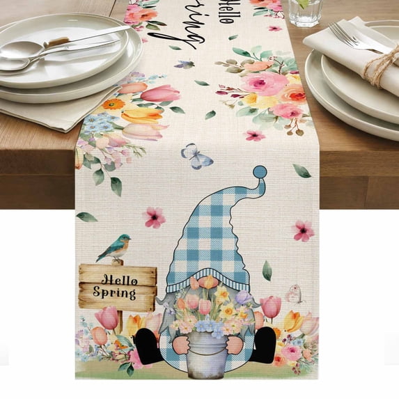 Spring Gnomes Floral Table Runner - 120 Inch Long, Kitchen Dining Table Runner Dresser Scarves, Pink Tulip Botanical Beige Burlap Farmhouse Decor for Coffee Tables Wedding Party Banquet