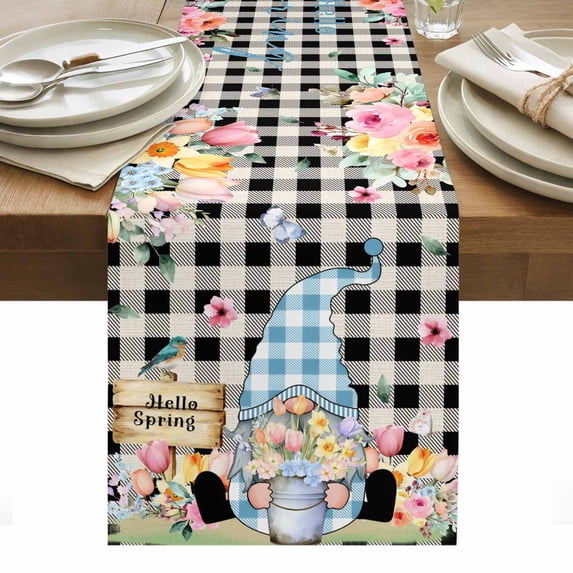 Spring Gnomes Floral Table Runner - 90 Inch Long, Kitchen Dining Table Runner Dresser Scarves, Pink Tulip Botanical Black Plaid Farmhouse Decor for Coffee Tables Wedding Party Banquet