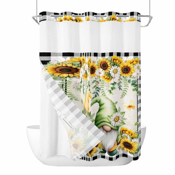 Spring Gnomes No Hooks Shower Curtain with Snap-in Liner Watercolor White Yellow Floral Leaf Beige Black Buffalo Plaid Shower Curtains for Bathroom, Waterproof, Easy Install, Washable 72"x84"