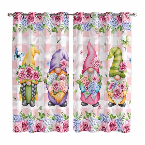 Spring Gnomes Kitchen Curtains Window Panels, Botanical Flowers Leaf Pink Buffalo Check Insulated Window Treatment Curtain, Grommet Curtains for Bedroom/Living Room/Bathroom, 2 Piece 52"Wx84"L