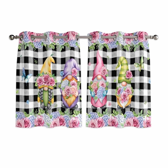 Spring Gnomes Kitchen Curtains Window Panels, Botanical Rose Leaves Black Buffalo Plaid Insulated Window Treatment Curtain, Grommet Curtains for Bedroom/Living Room/Bathroom, 2 Piece 52"Wx45"L