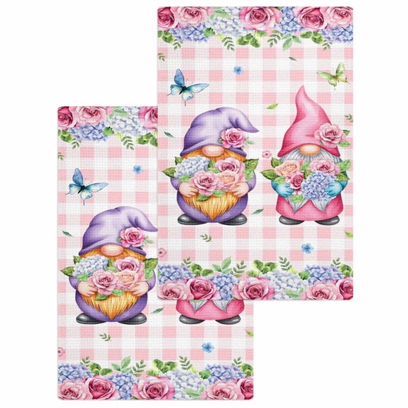 Spring Gnomes Kitchen Dish Towels for Drying Dishes Set of 2, Botanical Flowers Leaf Pink Buffalo Check Waffle Weave Microfiber Hand Tea Bathroom Towels Quick Dry & Absorbent Towel 15.7x23.6