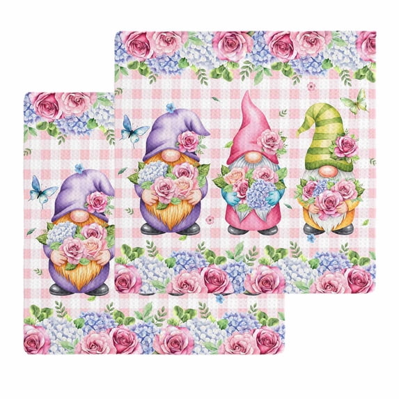 Spring Gnomes Kitchen Dish Towels for Drying Dishes Set of 2, Botanical Flowers Leaf Pink Buffalo Check Waffle Weave Microfiber Hand Tea Bathroom Towels Quick Dry & Absorbent Towel 12x12