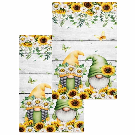 Spring Gnomes Kitchen Dish Towels for Drying Dishes Set of 2, Botanical Yellow Flowers Leaves Wooden Plank Waffle Weave Microfiber Hand Tea Bathroom Towels Quick Dry & Absorbent Towel 15.7x23.6