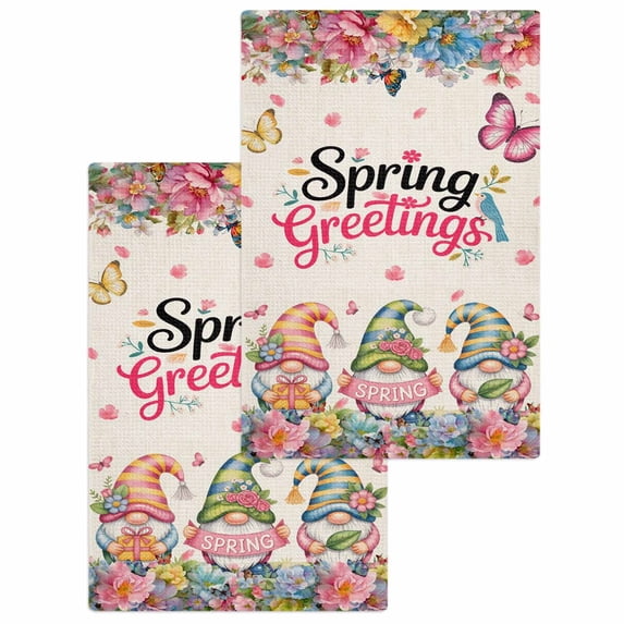 Spring Gnomes Kitchen Dish Towels for Drying Dishes Set of 2, Farmhhouse Floral Botanical Rustic Waffle Weave Microfiber Hand Tea Bathroom Towels Quick Dry & Absorbent Towel 15.7x23.6
