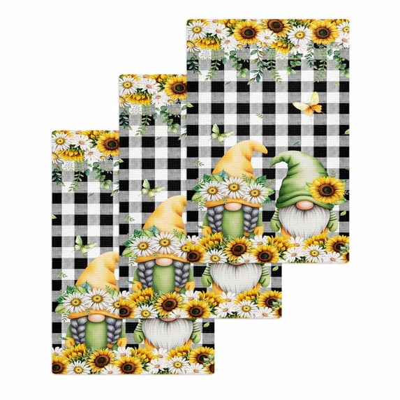 Spring Gnomes Kitchen Dish Towels for Drying Dishes Set of 3, Botanical Budding Sunflowers Buffalo Plaid Waffle Weave Microfiber Hand Tea Bathroom Towels Quick Dry & Absorbent Towel 15.7x23.6