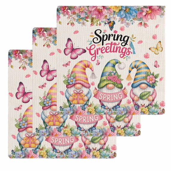 Spring Gnomes Kitchen Dish Towels for Drying Dishes Set of 3, Farmhhouse Floral Botanical Rustic Waffle Weave Microfiber Hand Tea Bathroom Towels Quick Dry & Absorbent Towel 12x12