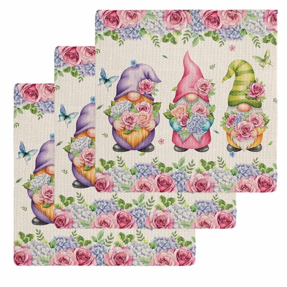 Spring Gnomes Kitchen Dish Towels for Drying Dishes Set of 3, Vintage Botanical Blossom Rose Leaves Waffle Weave Microfiber Hand Tea Bathroom Towels Quick Dry & Absorbent Towel 12x12