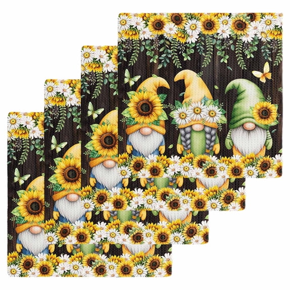 Spring Gnomes Kitchen Dish Towels for Drying Dishes Set of 4, Farmhouse Botanical Sunflowers Wooden Grain Waffle Weave Microfiber Hand Tea Bathroom Towels Quick Dry & Absorbent Towel 12x12