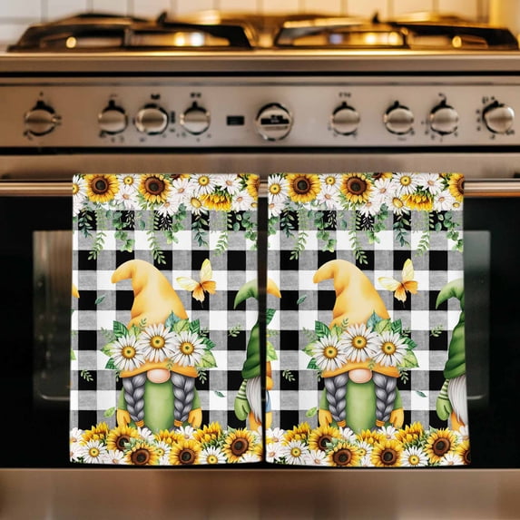 Spring Gnomes Kitchen Towels Set of 1, Botanical Budding Sunflowers Buffalo Plaid Absorbent Dish Towels for Kitchen, Microfiber Hand Towel, Quick Drying Tea Towel for Cleaning Decorative Dishcloths