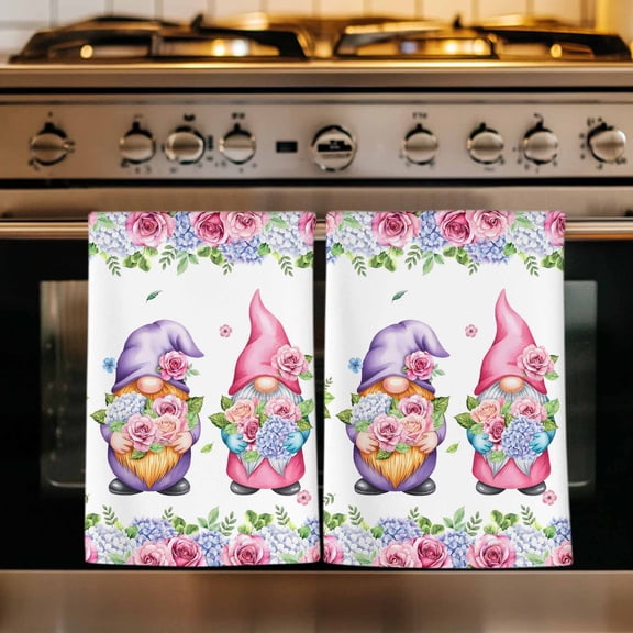 Spring Gnomes Kitchen Towels Set of 1, Botanical Rose Flower Leaves Butterfly Absorbent Dish Towels for Kitchen, Microfiber Hand Towel, Quick Drying Tea Towel for Cleaning Decorative Dishcloths