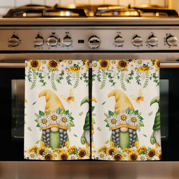 Spring Gnomes Kitchen Towels Set of 1, Retro Botanical Flowers Leaves Butterfly Absorbent Dish Towels for Kitchen, Microfiber Hand Towel, Quick Drying Tea Towel for Cleaning Decorative Dishcloths